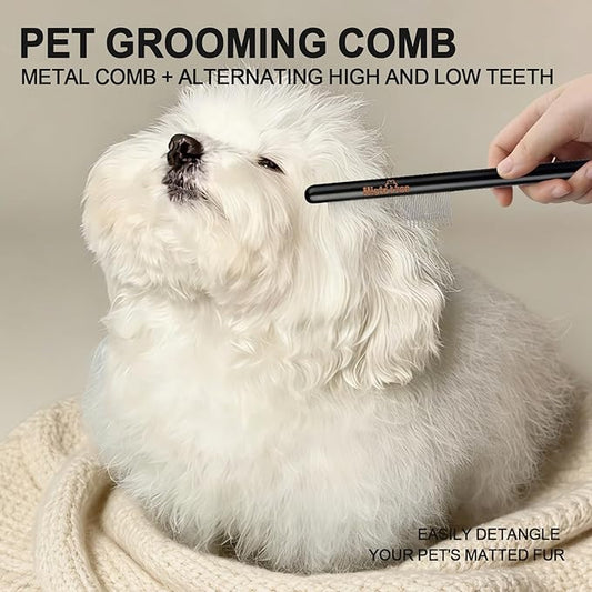 Professional Dog Comb with Wood Handle Long&Short Metal Flea Comb Pet Grooming Tool for Dogs and Cats Remove Loose Hair Tangles Dirt Fleas