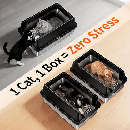 2 Pack XL Stainless Steel Litter Box with High Sides Shield for Multi Cat, Extra Large Tall Wall Open Top Deep Metal Pan for Big Cats, Anti-Leak Non-Stick Odor Control, 2 Scoops Included, Black
