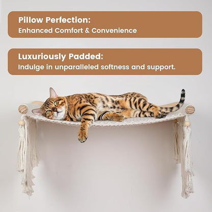 Macrame Cat Wall Shelves & Hammock - Comfy Cat Beds with Window Perch for Indoor Fun, Sleeping & Climbing,Maximum Hold Up to 30lb (Beige White - Cotton Rope)