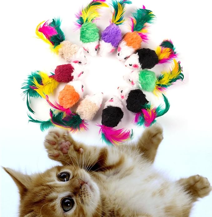 Smoro 100Pcs Cat Mouse Toys Feather Mouse Interactive Mini Funny Animal Playing Toys for Cats Kitten