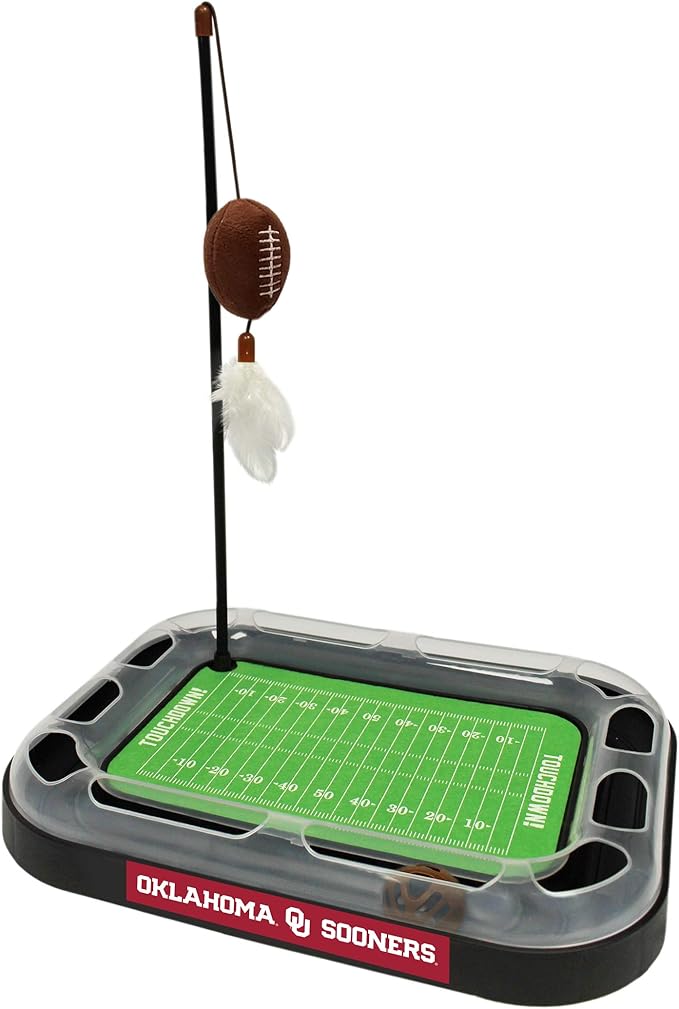 Pets First NCAA Oklahoma Sooners Football Field CAT Scratcher Toy with Catnip Filled Plush Football Toy & Hanging Feather Cat Wand Toys, with Jingle Bell Interactive Ball Cat Chasing 6-in-1 Kitty Toy