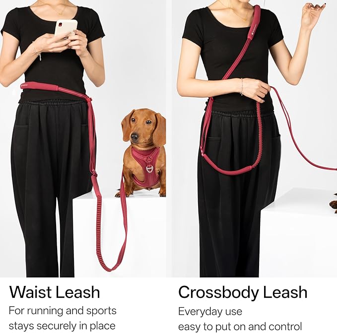Hands Free Dog Leash Adjustable Versatile Crossbody Waist Dog Leash Reflective Comfortable Padded Handles Shock Absorbing Walking Lead for Small Medium Large Dogs (Light-Burgundy, S)
