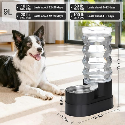 RIZZARI 9L Dog Water Dispenser:Black Stainless Steel Automatic Gravity Feeder -Removes Odors -Softens Water-Helps Prevent Urinary Stones -Extends Lifespan -for Active Dog Owners &Home Garage Balcony