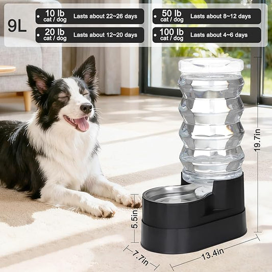RIZZARI 9L Dog Water Dispenser:Black Stainless Steel Automatic Gravity Feeder -Removes Odors -Softens Water-Helps Prevent Urinary Stones -Extends Lifespan -for Active Dog Owners &Home Garage Balcony