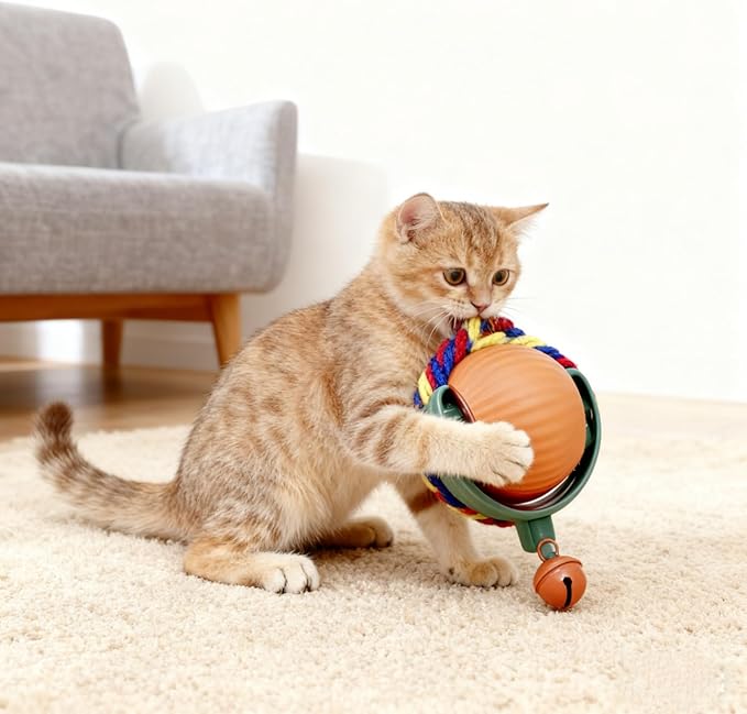 Interactive Cat Toy Ball with Bell, Moving Cat Toys Ball for Indoor Cats, Fast Rolling on Carpet, USB C Charging Automatic Kitten Toys for Bored Cats