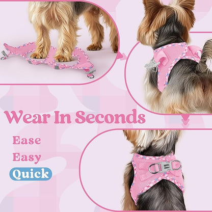 rabbitgoo Small Dog Harness, Step-in Soft Mesh Puppy Vest with Safety Buckle, Breathable Reflective Pet Harness for Small Sized Dogs, Pink & Plaid Trim S