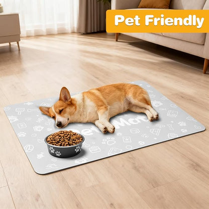 Pet Feeding Mat,Dog Cat Mat for Food and Water,Dog Bowl Waterproof Placemat with Rubber Backing,Absorbent Quick Dry Water Dispenser Mat for Pet（Light Gray 16"×24"）