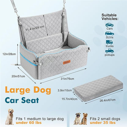 Large Dog Car Seat, Dogs Car Bed for Large Dogs Under 60 lbs or 2 Small Breeds, Comfortable Dog Booster Carseat with Memory Foam Thick Cushion, Detachable & Washable Pet Bed for Backseat, Grey