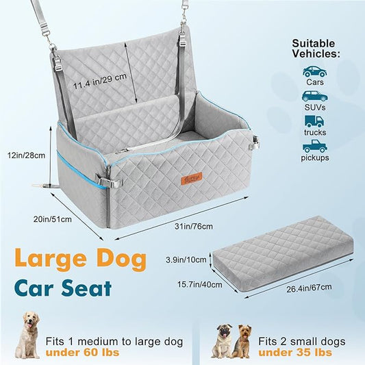 Large Dog Car Seat, Dogs Car Bed for Large Dogs Under 60 lbs or 2 Small Breeds, Comfortable Dog Booster Carseat with Memory Foam Thick Cushion, Detachable & Washable Pet Bed for Backseat, Grey