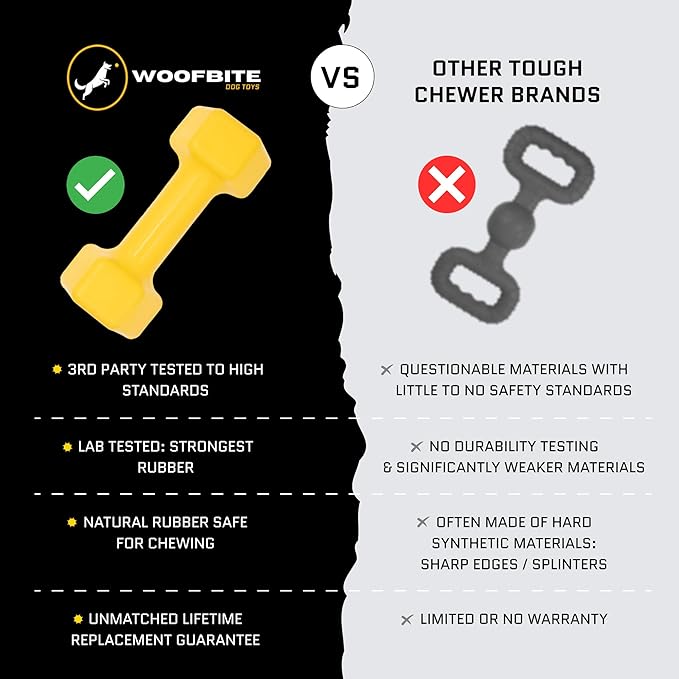 Virtually Indestructible Dog Dumbbell - Lifetime Replacement - Tough, Durable Chew Toy for Aggressive Chewers - Safe Non-Toxic Natural Rubber - Chew, Tug, Fetch - Med/Large Breed - 7"x2.5"