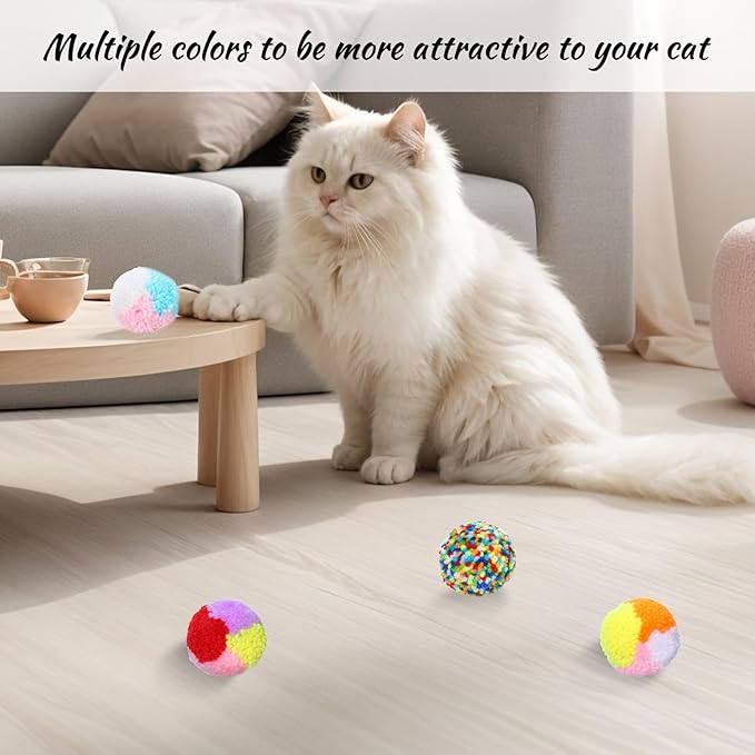 6 PCS Cat Pom Pom Balls, 2 Inch Cat Ball Toy Assorted Color Cats Yarn Ball Yarn Puffs Soft Interactive Kitten Chasing Toys Cats Chase Balls for Pet Interactive Playing Exercising Training