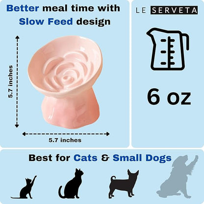 Elevated Ceramic Cat Bowl, Tilted Slow Feeder Pet Dish with Gradient Color Coating, 3.3 Ounces Capacity, Anti-Gulping Design with Rose Bouquet Design (Gradient Pink)