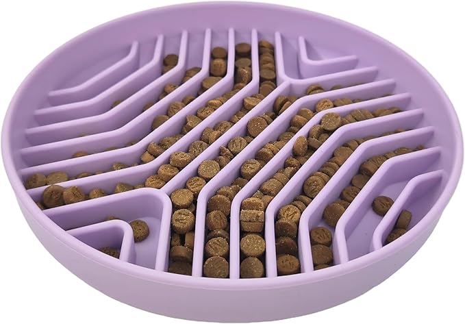 Slow Feeder Dog Bowl, 7.8 x 7.8 inches, Silicone Pet Puzzle Bowl with Suction Base, Foldable (Purple)