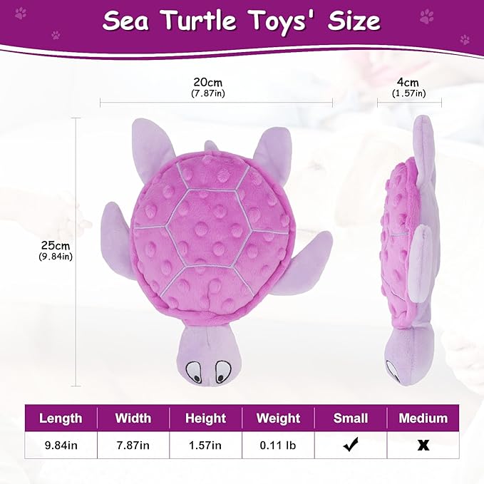 Squeaky Sea Turtle Plush Dog Toy - Durable, No Stuffing, Interactive Chew Toy for Small Dogs - Relieve Anxiety, Teething, and Keep Them Busy for Puppy(Purple)