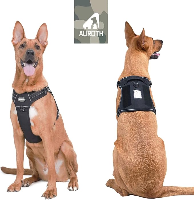 Auroth Tactical Dog Harness for Large Dogs No Pull Adjustable Pet Harness Reflective Working Training Easy Control Pet Vest Military Service Dog Harnesses Black XL