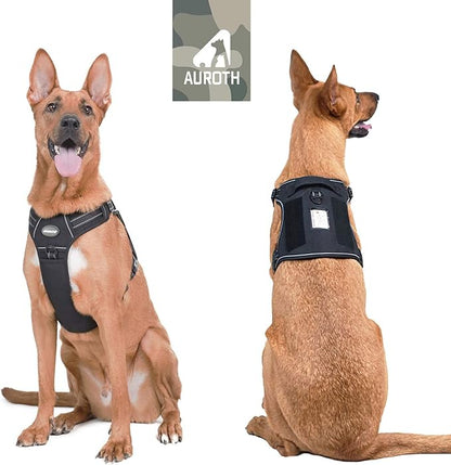 Auroth Tactical Dog Harness for Large Dogs No Pull Adjustable Pet Harness Reflective Working Training Easy Control Pet Vest Military Service Dog Harnesses Black XL