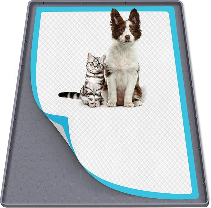 Pee Pad Holder for Dogs, 34" x 22" Silicone Pee Tray Mat Leak-Proof, High Edge, No Spill Pet Pad Holder for Puppy, Cat, Rabbit, Training Pads for Floor Protection, No Pee Pads (Grey)