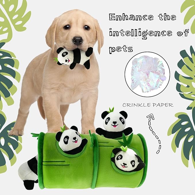 Hide and Seek Dog Toys, Interactive Squeaky Plush Puzzle Puppy Chew Toy to Keep Them Busy for Small Medium Large Dogs(Bamboo Hideaway with 5 Pack Panda)