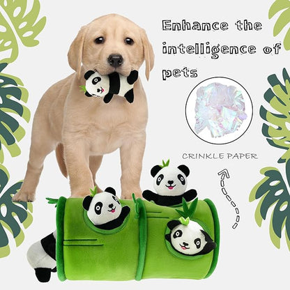 Hide and Seek Dog Toys, Interactive Squeaky Plush Puzzle Puppy Chew Toy to Keep Them Busy for Small Medium Large Dogs(Bamboo Hideaway with 5 Pack Panda)