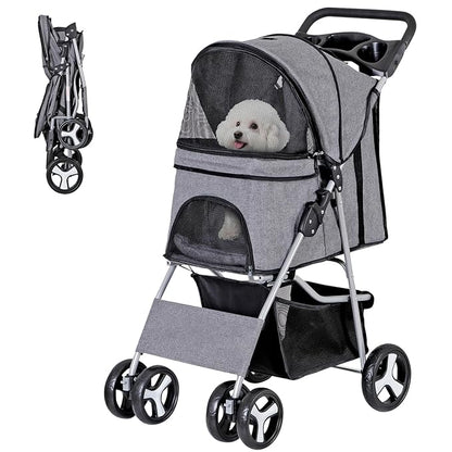 ZENY Foldable Pet Stroller, Cat/Dog Stroller with 4 Wheel, Pet Travel Carrier Strolling Cart with Storage Basket, Cup Holder (Grey)