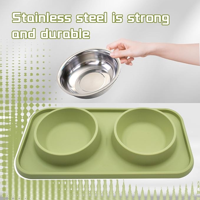 Double Dog Food Bowls Stainless Steel with No Spill Non Skid Silicone Mat Removable Dog Water and Food Bowls Set Durable Feeding for Small Dogs Puppy Cat Kitten(Green)