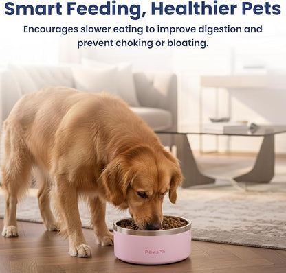 PawsPik 64oz 18/8 Stainless Steel Slow Feeder Dog Bowl, Double-Wall Non-Slip Metal Dog Bowl for Fast Eating Medium & Large Breeds, Detachable Slow Feeder Insert, Dishwasher Safe (Cherry Blossom Pink)