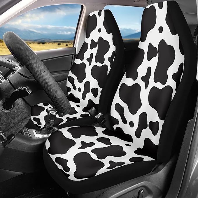 Cow Printed Car Seat Cover for Women Men, Front Bucket Covers Protector for SUV Truck Van Sedans, Black and White Breathable Car Accessories Automotive Vehicle Seat Covers