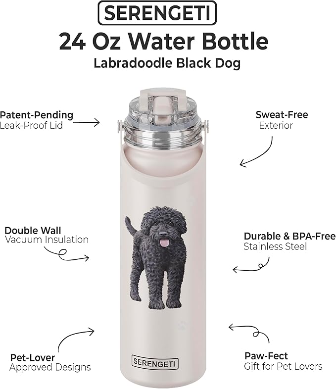 E&S Pets SERENGETI 24 Oz Water Bottle Stainless Steel with Spill Proof Lid - Double walled Vacuum Insulated water flask - Realistic 3D Print of your favorite dog (Labradoodle)