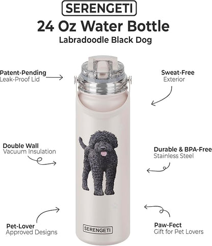 E&S Pets SERENGETI 24 Oz Water Bottle Stainless Steel with Spill Proof Lid - Double walled Vacuum Insulated water flask - Realistic 3D Print of your favorite dog (Labradoodle)