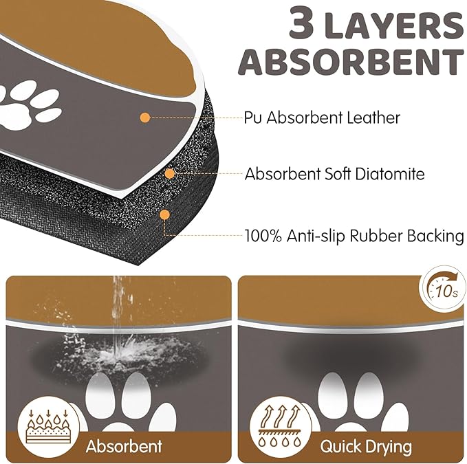 Absorbent Dog Food Mat, 20''x12'' Easy Clean Dog Mat for Bowls, No Stains Quick Dry Pet Water Mats Protect Floor, Avoid Water Spilling Small Feeding Mats for Dogs & Cats, Gray & Brown