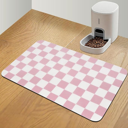 Checkered Dog Food Mat, Absorbent Leak-Proof Pet Feeding Mat, Quick Dry Cat Food Mat for Messy Drinkers 16" x 24" Pink