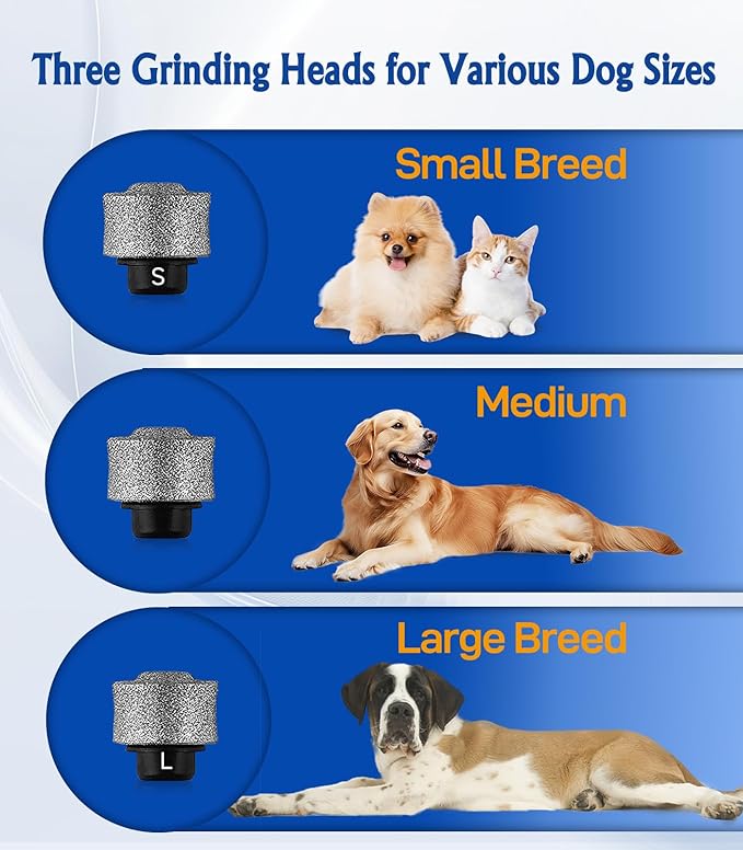 Dog Nail Grinder, 3 Grinding Heads, 2-Speed, LED Light, Touch-Switch, TypeC, Quiet, Low-Vibration, Dog Nail Trimmers for Large, Medium, Small Dogs & Cats with Hard/Thick Nails (U-Black)