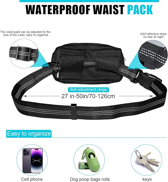 Hands Free Dog Leash with Zipper Pouch, Reflective Retractable Bungee with Double Padded Handles, Adjustable Dog Waist Leash for Running Walking Hiking Jogging Biking(Large, 25-120 lbs)