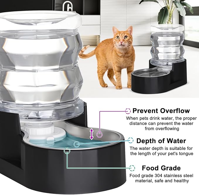 RIZZARI Dog Food Water Dispenser: 4L Large Black Stainless Steel Feeder with Activated Carbon Ion Exchange System - Soften Water and Remove Odor - Prevent Urinary Stone - Garden and Study Room