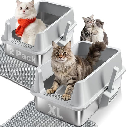 Stainless Steel Cat Litter Box with Lid, 2 Pack XL Metal Litter Box High Sided, Odor-Free/Anti-Urine Leakage & Non-Stick, Extra Large Litter Box with Mat & Scoop for Multiple/Big Cats, Easy Clean
