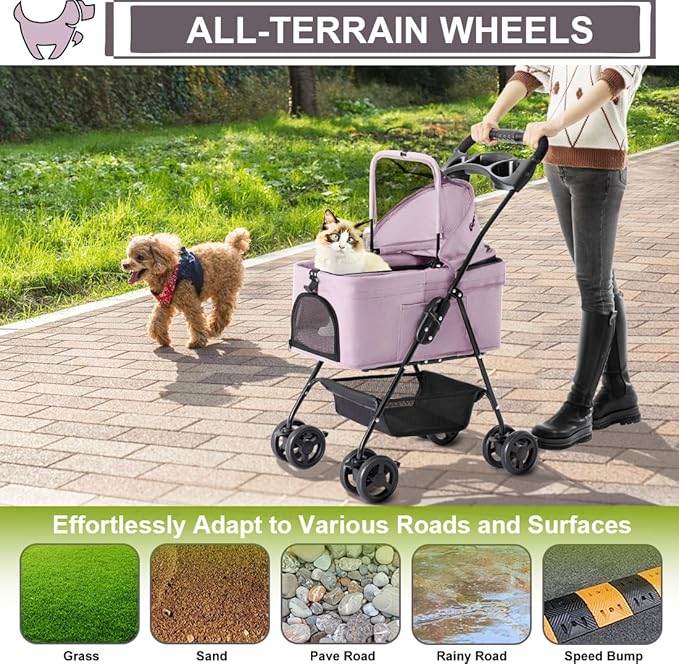 3-in-1 Pet Stroller for Small Dogs and Cats, Folding Lightweight Dog Stroller with Detachable Carrier Portable Cat Puppy Jogging Stroller with Cup Holder and Storage Basket, 4 Wheels