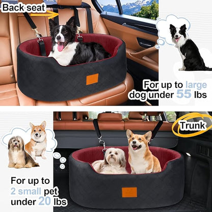 Dog Car Seat for Medium Dogs Up to 50 lbs, Pet Booster Seat for Cars SUVs and Trucks, Washable and Detachable Dog Car Bed with Safety Strap, Thick Cushion, Non-Slip Base (Black/Red)
