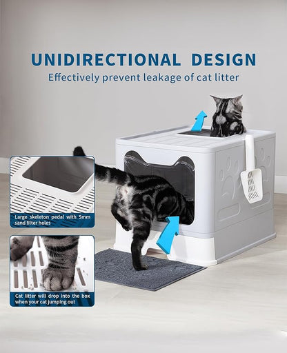 Cat Litter Box with Litter Mat and Scoop, Large Covered Litter Box with Lid, Front Entry Top Exit Kitty Box, Odor Control, Easy to Clean (Grey)