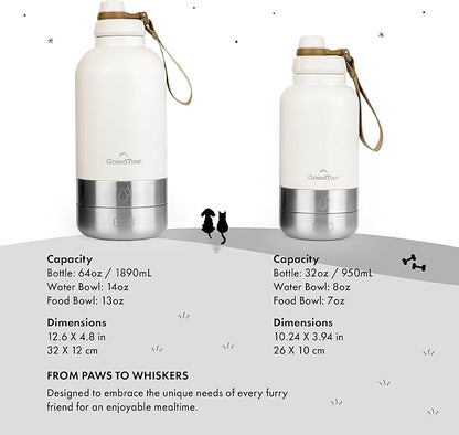 GrandTies Insulated Portable Dog Water Bottle with 2 Detachable Water Bowl Dispenser | Leak-Proof Dog Food Travel Container | Accessories for Dogs Walking, Hiking, Camping (32oz, Ivory White)