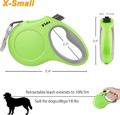 Fida Retractable Dog Leash with Dispenser and Poop Bags, 10 ft Pet Walking Leash for X-Small Dog or Cat up to 18 lbs, Anti-Slip Handle, Tangle Free, Reflective Nylon Tape (XS, Green)