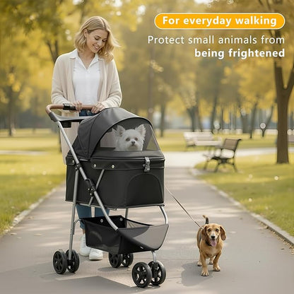 Pet Stroller for Small/Medium Dogs and Cats, Foldable 3 Wheel Jogger with One-Click Fold, Breathable Mesh, Storage Basket, Cup Holder, Weather Cover, Black (Black)
