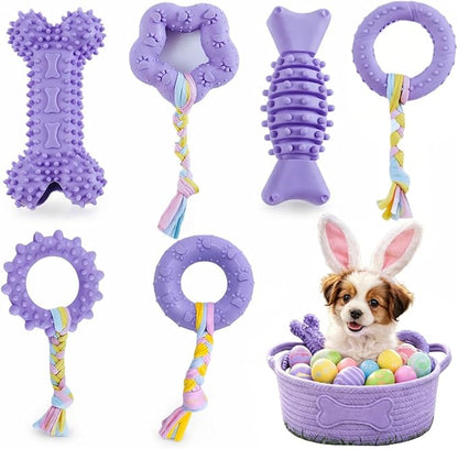 Chew Toys, 6 Pcs Soft Rubber Teething Toys for Small Dogs, Eco-Friendly Interactive Dog Toys, Teeth Cleaning, Cute Purple Design