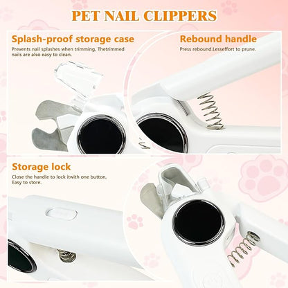 2-in-1 Dog Nail Clippers with Light & Digital Display – Upgraded Pet Nail Grinder, Safety Guard, USB Rechargeable Catcher for Cats and Dogs, Low Noise & Painless Trimming (White)