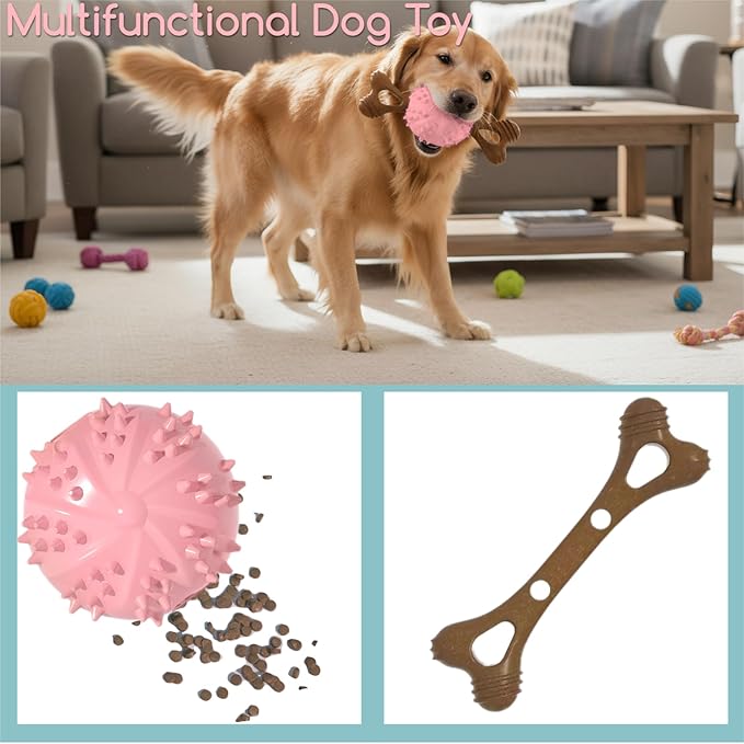 Dog Toys,Hybrid Dog Chew Toy for Aggressive Chewers, 2-in-1 Durable Wood-Plastic Bone & TPR Spike Ball, Natural Wood Scent, Integrated Safe Design for 20-100 lbs Medium Large Breeds