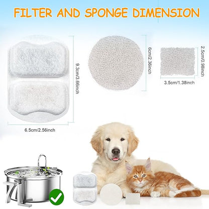 18 Sets Pet Water Fountain Filter Replacement Compatible with Oneisall 7L/230oz Stainless Steel Dog Dispenser - Filtered Dog Water Bowl - Replacement Filters and Sponge