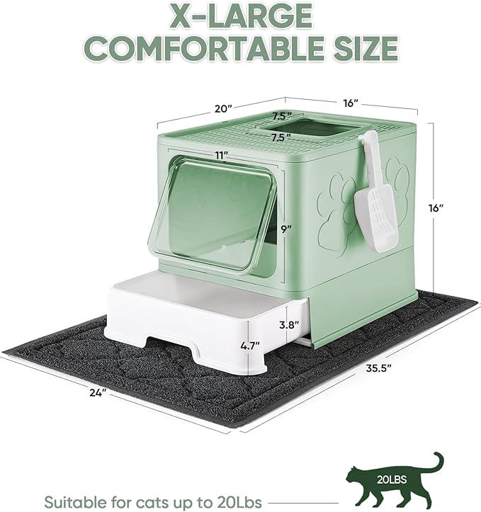 Cat Litter Box with X-Large Litter Mat and Scoop, Large Covered Litter Box with Lid, Enclosed Kitty Box,Front Top Entry Exit, Odor Control Easy to Clean (Upgrade Green)