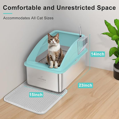 Stainless Steel Litter Box | XXL Deepened 8" Design Enclosed Box with Lid for Big Cats | High Sided, Anti-Urine Leakage | Non-Stick Bottom & Includes Litter Mat & Metal Scoop (Turquoise)