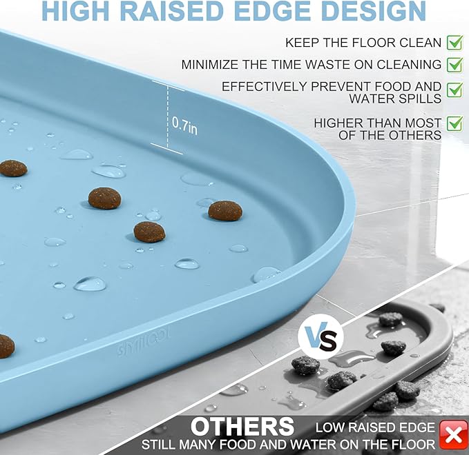 Silicone Pet Food Mat with Raised Edge for Food and Water Bowl, Dog Feeding Mats, Cat Food Trays for Floor Waterproof, Rubber Tray for Dogs and Cats, 19 x 12 x 0.7 Light Blue
