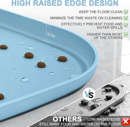 Silicone Pet Food Mat with Raised Edge for Food and Water Bowl, Dog Feeding Mats, Cat Food Trays for Floor Waterproof, Rubber Tray for Dogs and Cats, 19 x 12 x 0.7 Light Blue
