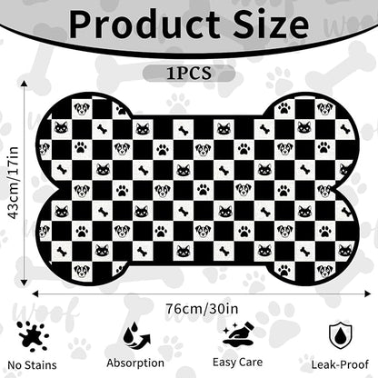 Pet Dog Cat Food Mat, Absorbent Bone Shaped Dog Bowl Mats for Food and Water, Non Slip Cute Footprint Dogs Cat Placemats Feeding Mat for Floors Puppy Pet Accessories Supplies 17"x30" Black White